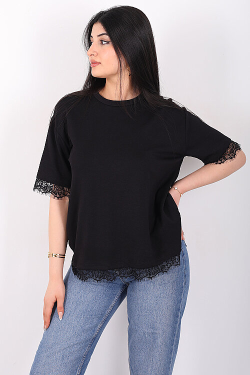 Dantelli Çan Kesim Bisiklet Yaka Siyah Kadın T-Shirt - 3