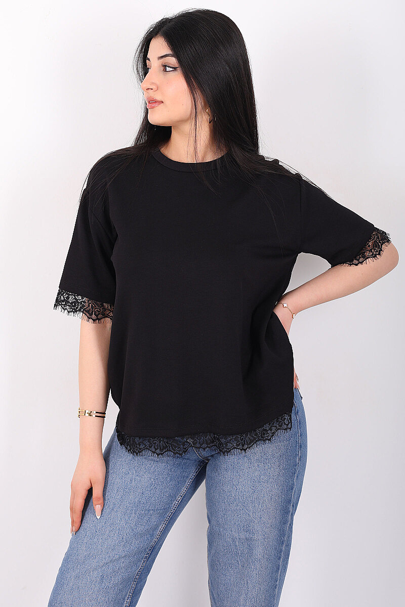 Dantelli Çan Kesim Bisiklet Yaka Siyah Kadın T-Shirt - 3