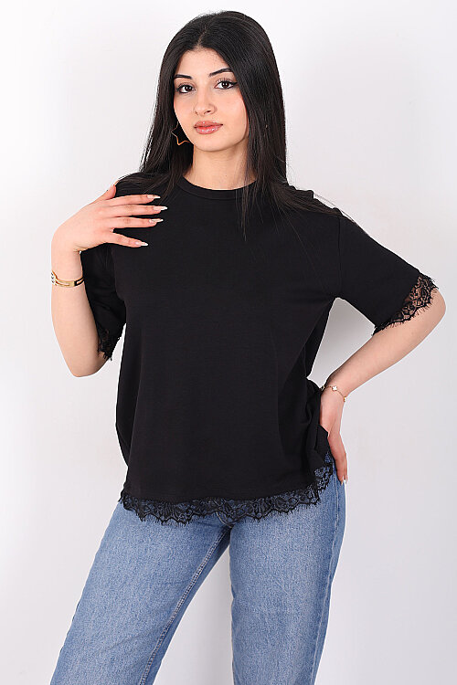 Dantelli Çan Kesim Bisiklet Yaka Siyah Kadın T-Shirt - Berox