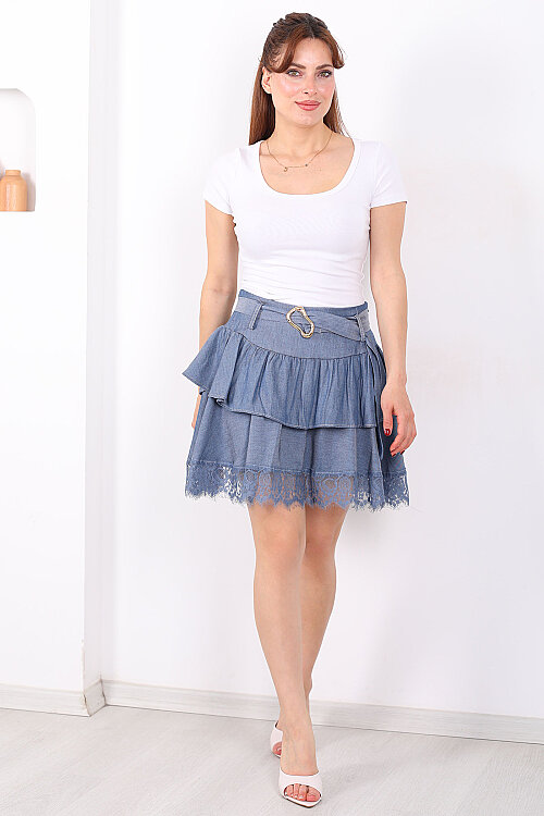 Dantelli Kemerli Kat Kat Mavi Kadın Mini Etek - 7