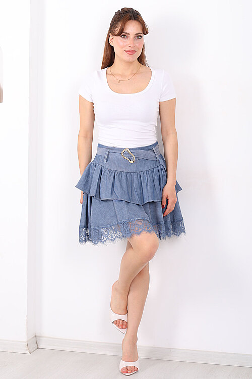 Dantelli Kemerli Kat Kat Mavi Kadın Mini Etek - Berox