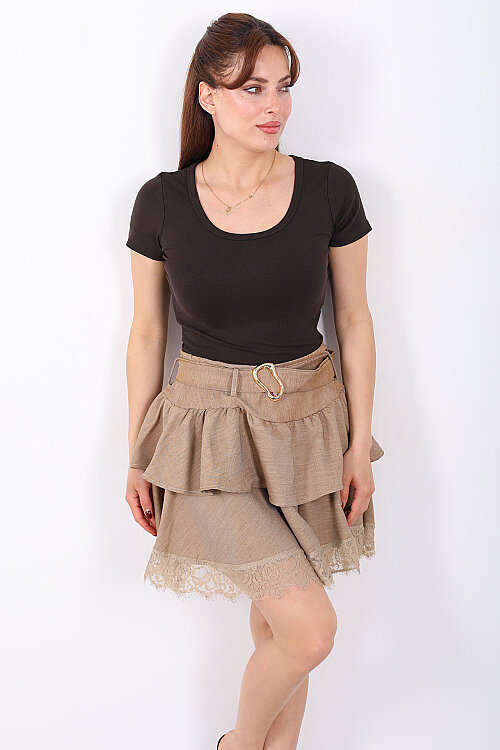 Dantelli Kemerli Kat Kat Vizon Kadın Mini Etek - 6