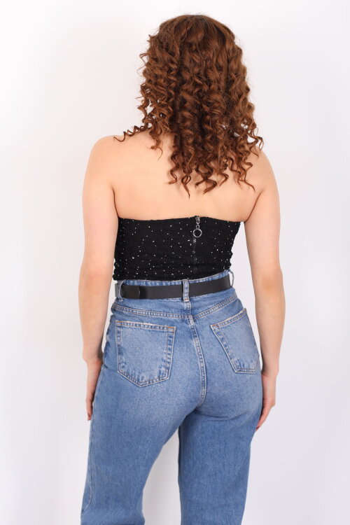 Dantelli Taş Detaylı Fermuarlı Siyah Kadın Straplez Büstiyer - 5