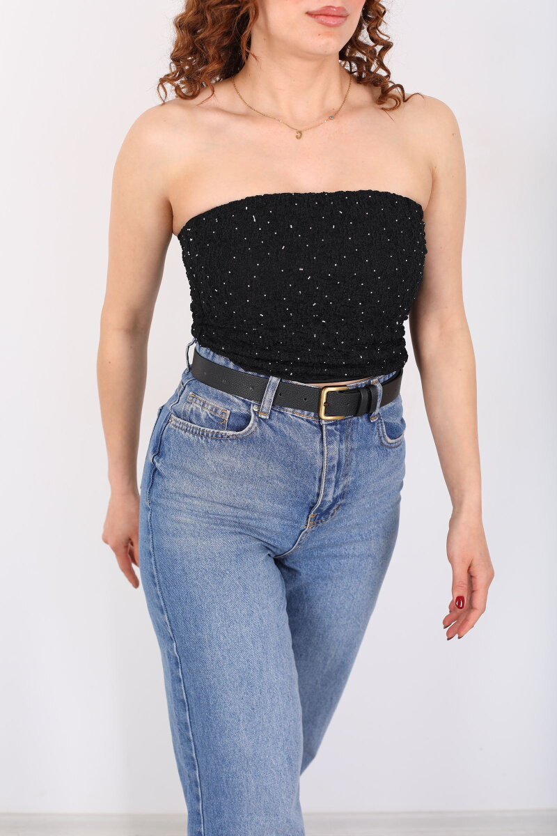 Dantelli Taş Detaylı Fermuarlı Siyah Kadın Straplez Büstiyer - 2