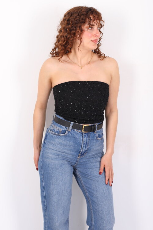 Dantelli Taş Detaylı Fermuarlı Siyah Kadın Straplez Büstiyer - 4