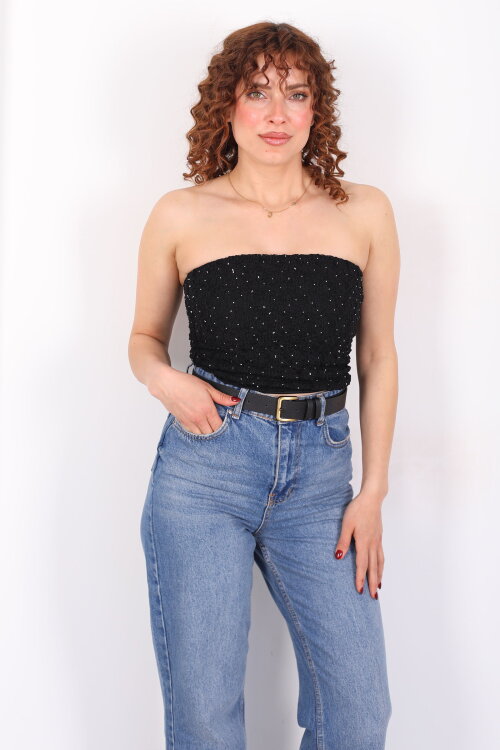 Dantelli Taş Detaylı Fermuarlı Siyah Kadın Straplez Büstiyer - 3