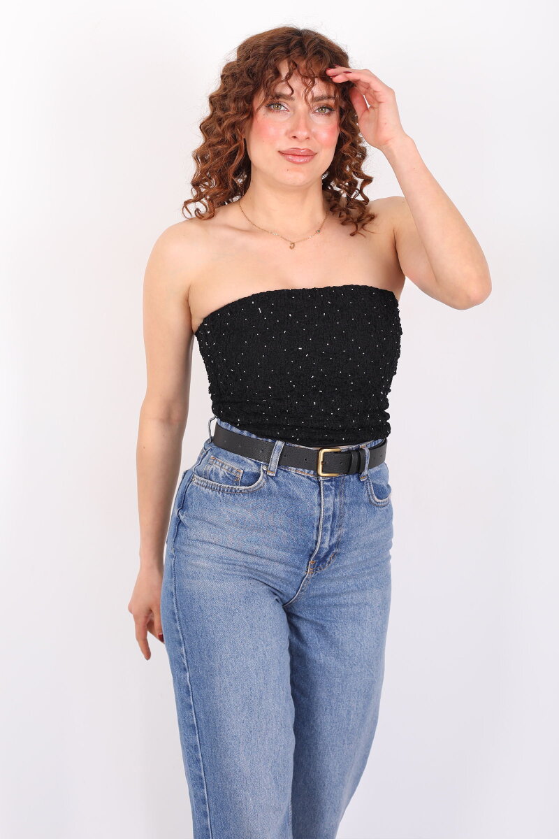 Dantelli Taş Detaylı Fermuarlı Siyah Kadın Straplez Büstiyer - 1