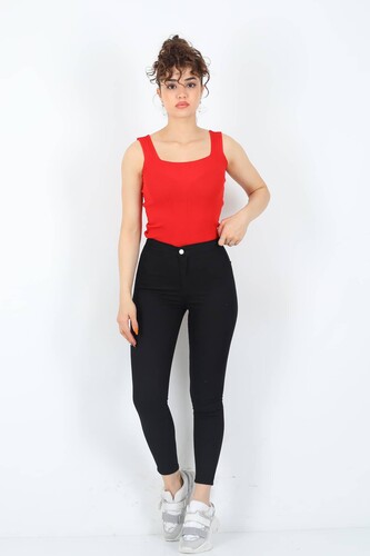 Dar Paça Cepsiz Siyah Keten Kadın Pantolon - Berox