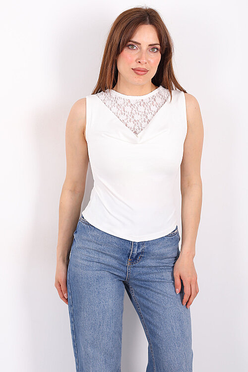 Degaje Yaka Dantelli Kadın Beyaz Kolsuz Bluz - 6