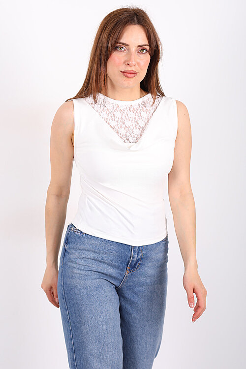 Degaje Yaka Dantelli Kadın Beyaz Kolsuz Bluz - 4