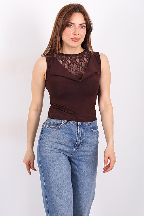 Degaje Yaka Dantelli Kadın Kahverengi Kolsuz Bluz - 4