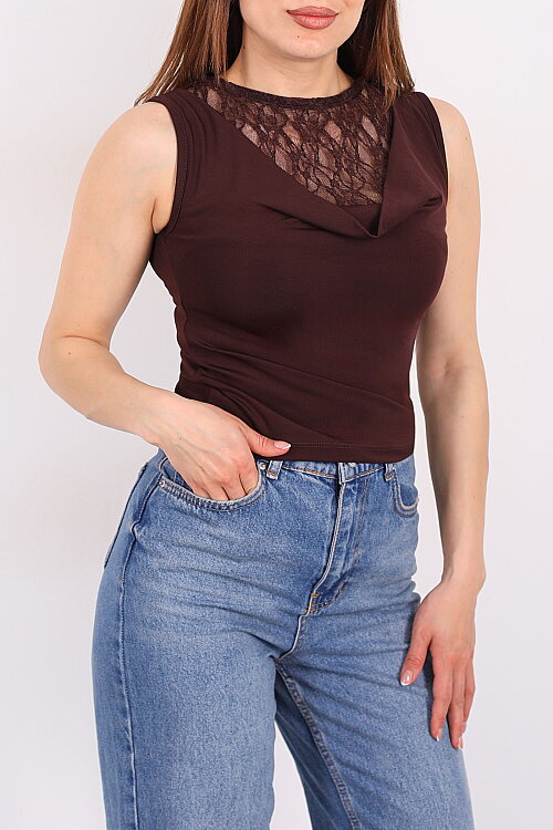 Degaje Yaka Dantelli Kadın Kahverengi Kolsuz Bluz - Berox (1)