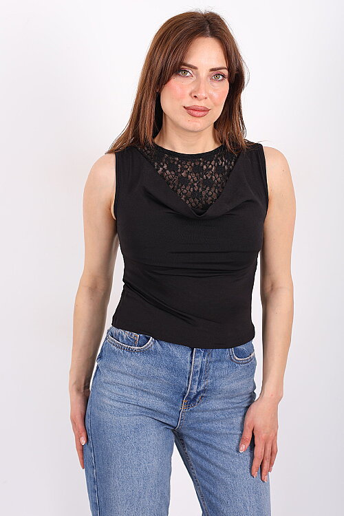 Degaje Yaka Dantelli Kadın Siyah Kolsuz Bluz - 6