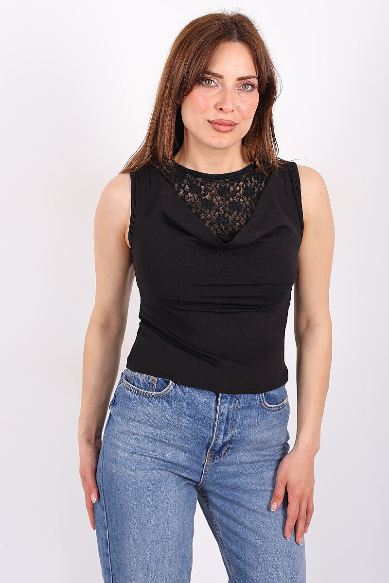 Degaje Yaka Dantelli Kadın Siyah Kolsuz Bluz - 6