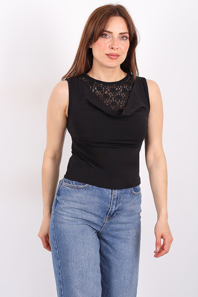 Degaje Yaka Dantelli Kadın Siyah Kolsuz Bluz - 4