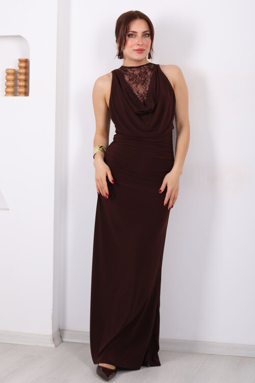 Degaje Yaka Ön Ve Arka Dantel Detaylı Kadın Kahverengi Elbise - 3