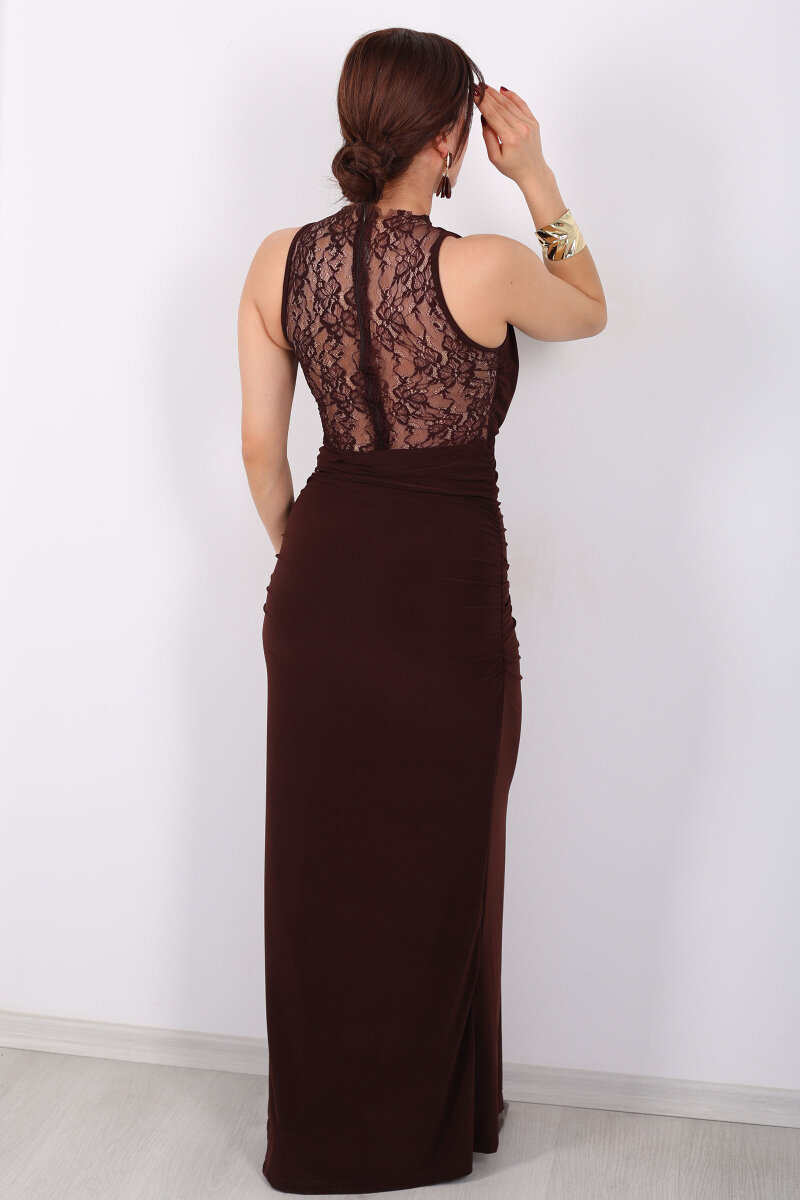 Degaje Yaka Ön Ve Arka Dantel Detaylı Kadın Kahverengi Elbise - 4