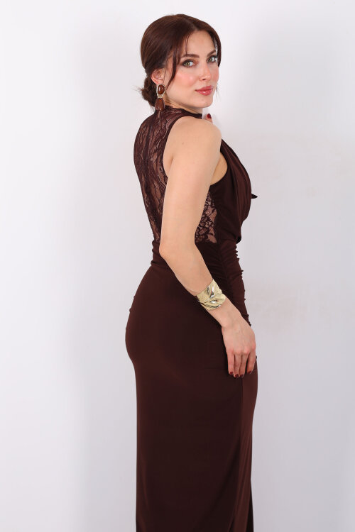 Degaje Yaka Ön Ve Arka Dantel Detaylı Kadın Kahverengi Elbise - 7