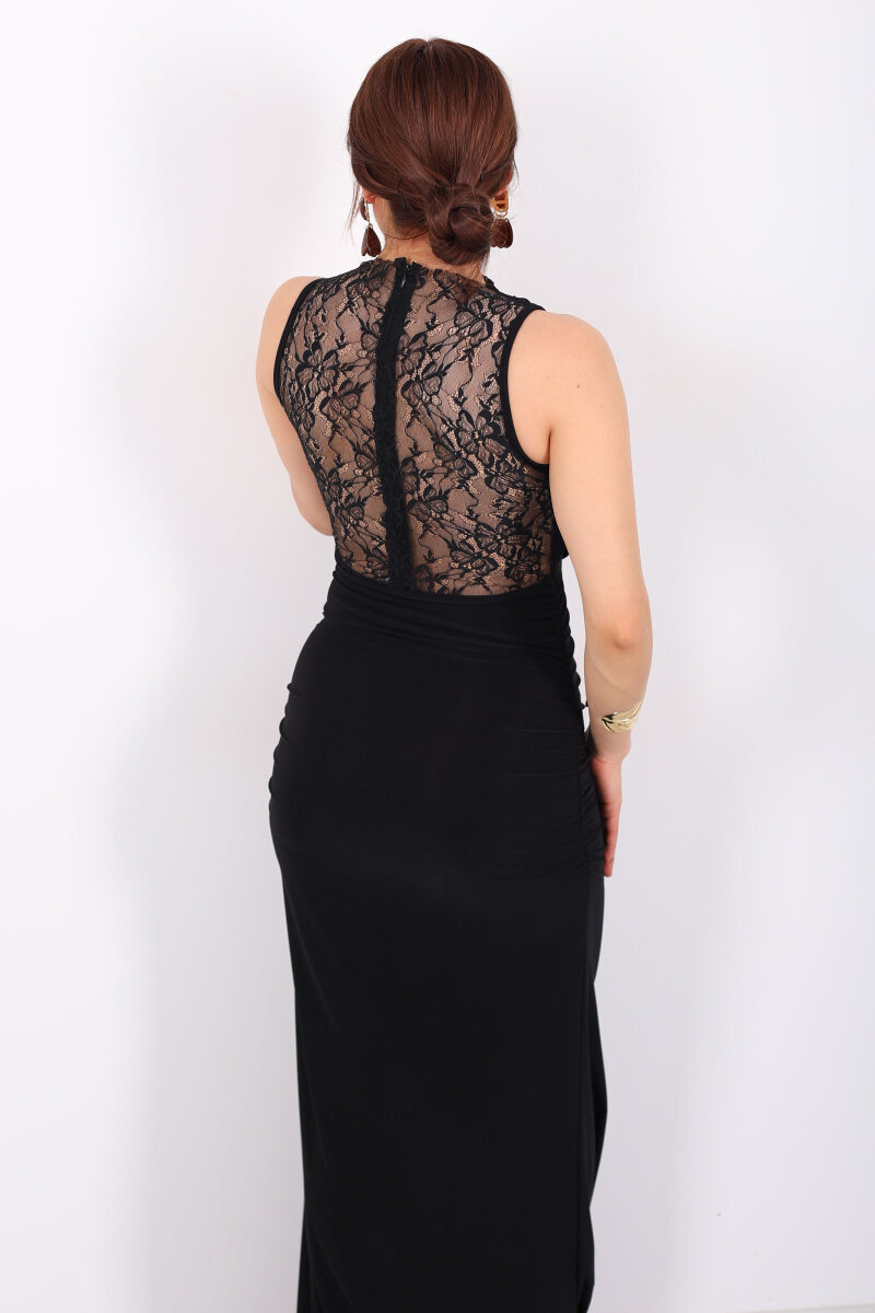 Degaje Yaka Ön Ve Arka Dantel Detaylı Kadın Siyah Elbise - 4