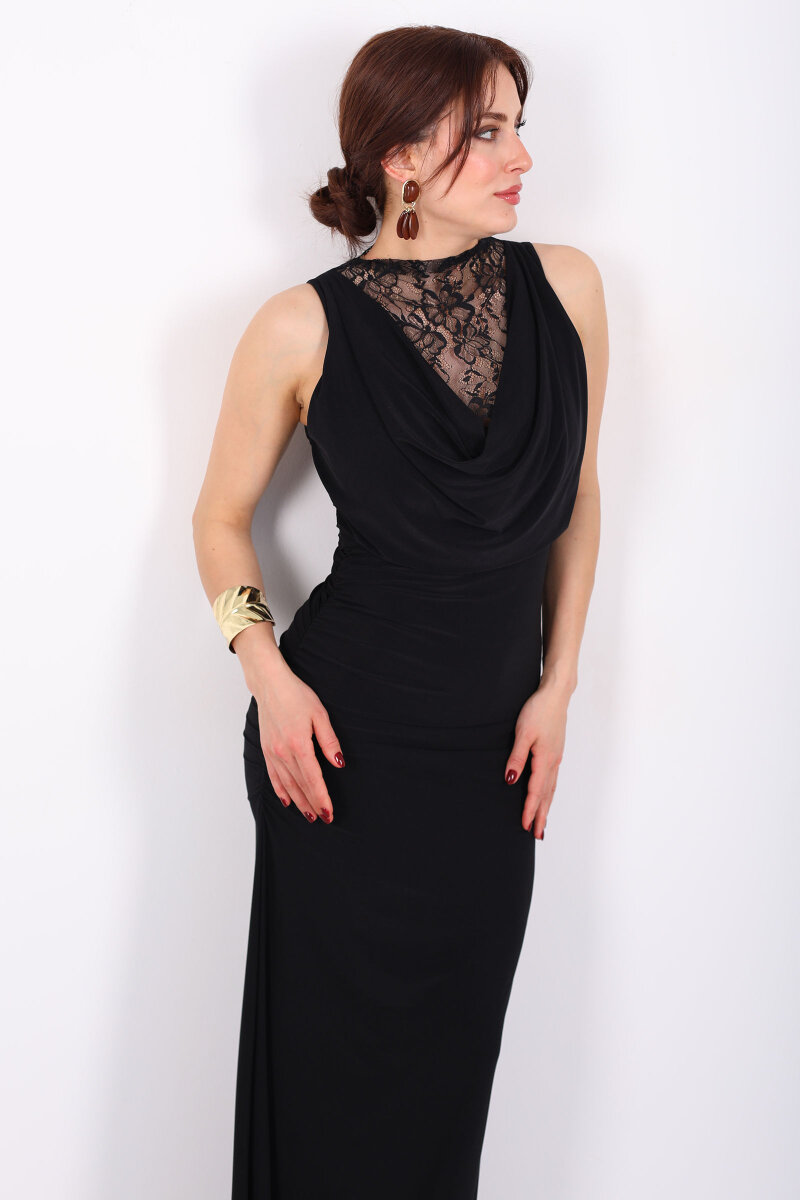 Degaje Yaka Ön Ve Arka Dantel Detaylı Kadın Siyah Elbise - 6