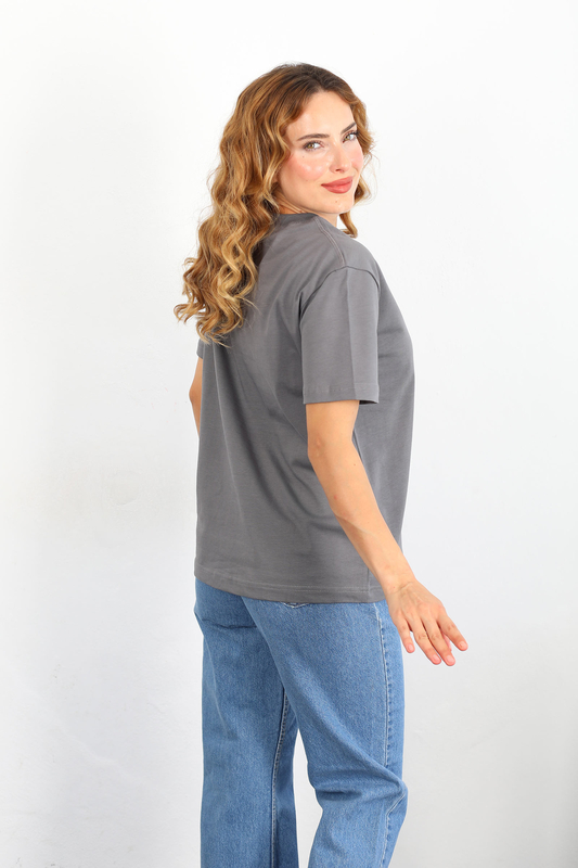 Dekoratif Dikişli Bisiklet Yaka Kadın Antrasit T-Shirt - 4