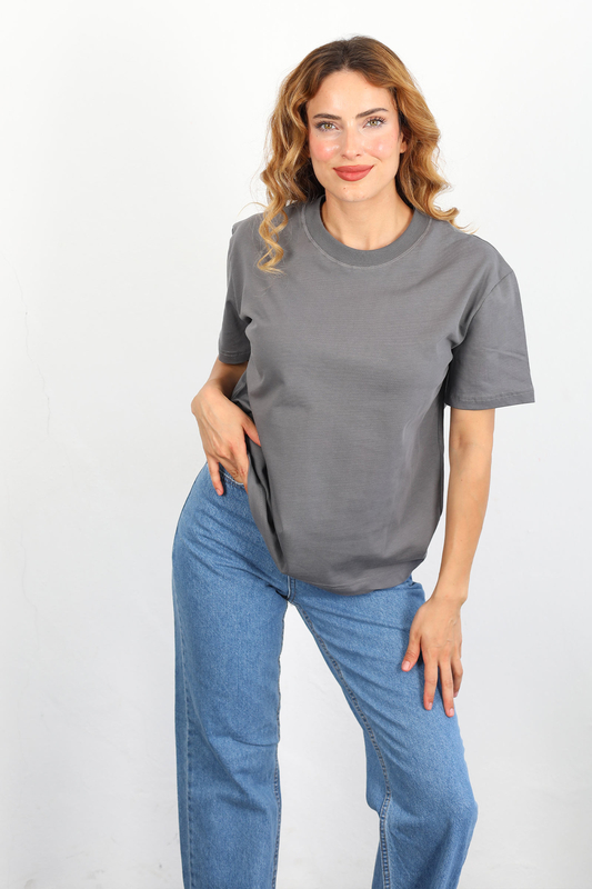 Dekoratif Dikişli Bisiklet Yaka Kadın Antrasit T-Shirt - 1