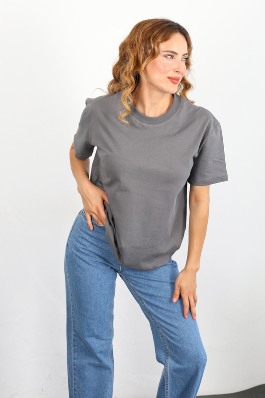 Dekoratif Dikişli Bisiklet Yaka Kadın Antrasit T-Shirt - 3