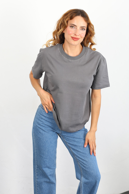 Dekoratif Dikişli Bisiklet Yaka Kadın Antrasit T-Shirt - 2