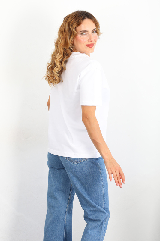Dekoratif Dikişli Bisiklet Yaka Kadın Beyaz T-Shirt - 5