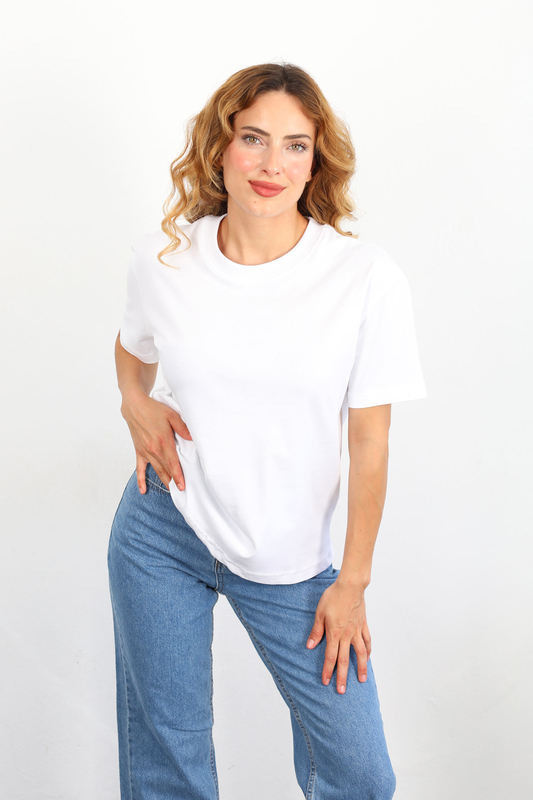 Dekoratif Dikişli Bisiklet Yaka Kadın Beyaz T-Shirt - 2