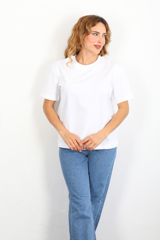 Dekoratif Dikişli Bisiklet Yaka Kadın Beyaz T-Shirt - 4