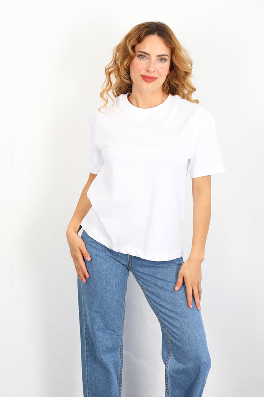 Dekoratif Dikişli Bisiklet Yaka Kadın Beyaz T-Shirt - 3