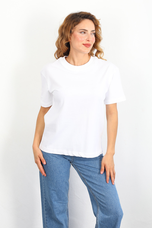 Dekoratif Dikişli Bisiklet Yaka Kadın Beyaz T-Shirt - 1