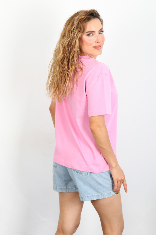Dekoratif Dikişli Bisiklet Yaka Kadın Pembe T-Shirt - 4