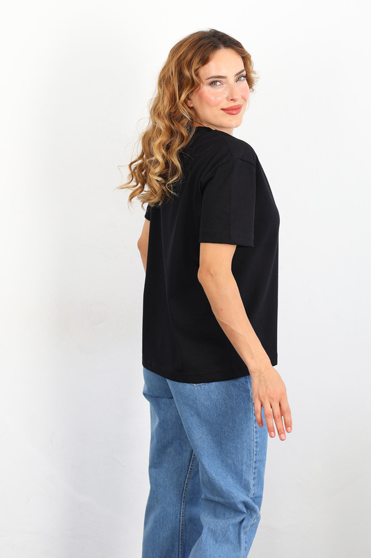 Dekoratif Dikişli Bisiklet Yaka Kadın Siyah T-Shirt - 4