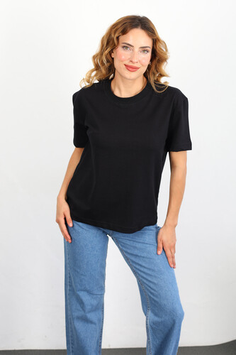 Dekoratif Dikişli Bisiklet Yaka Kadın Siyah T-Shirt - 2