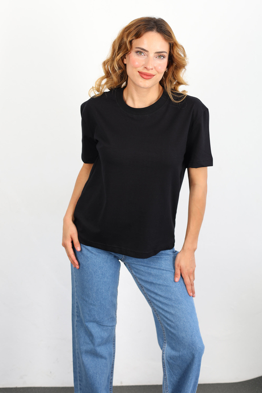 Dekoratif Dikişli Bisiklet Yaka Kadın Siyah T-Shirt - 2