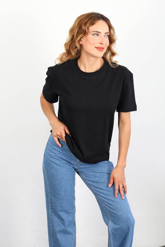 Dekoratif Dikişli Bisiklet Yaka Kadın Siyah T-Shirt - 3