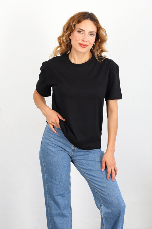 Dekoratif Dikişli Bisiklet Yaka Kadın Siyah T-Shirt - 1