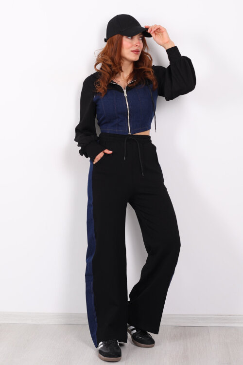 Denim Garnili Modal Siyah Kadın Eşofman Takım - 5