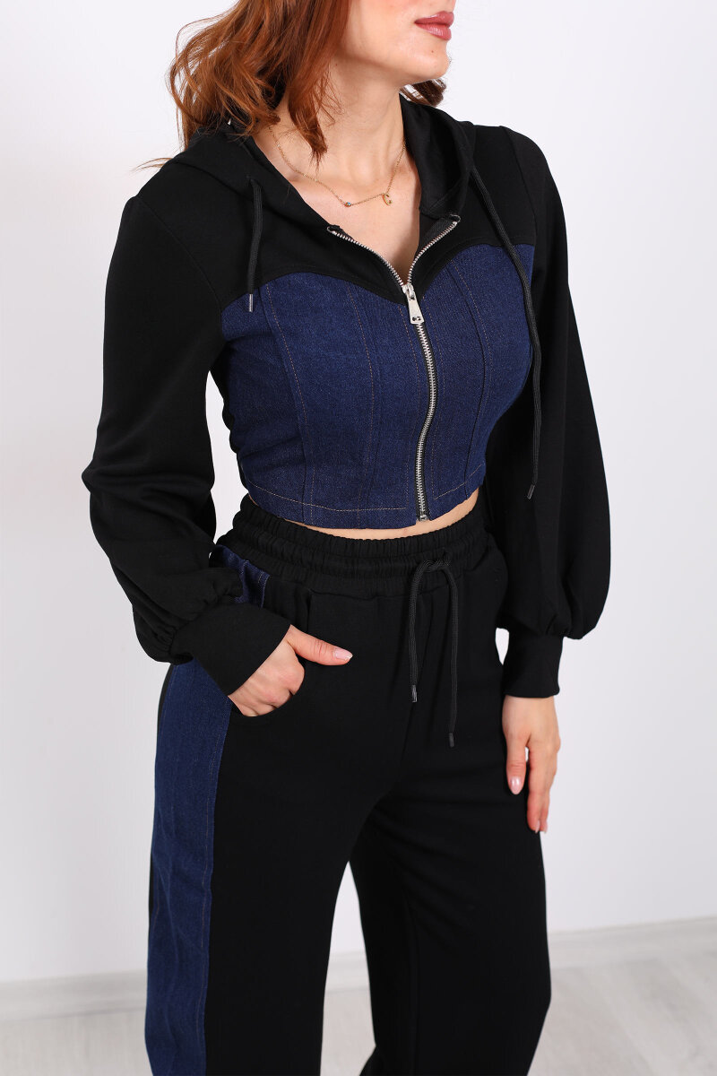 Denim Garnili Modal Siyah Kadın Eşofman Takım - 2