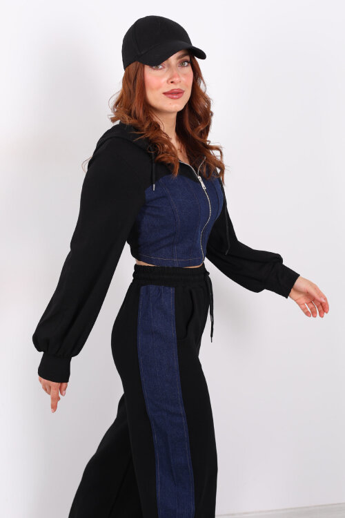 Denim Garnili Modal Siyah Kadın Eşofman Takım - 4