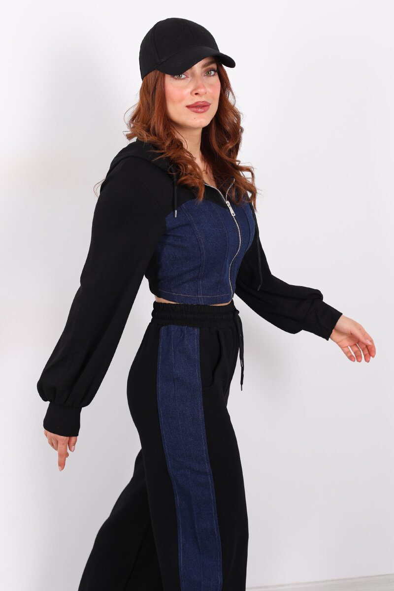 Denim Garnili Modal Siyah Kadın Eşofman Takım - 4