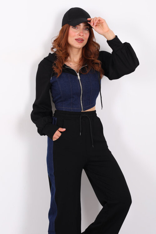 Denim Garnili Modal Siyah Kadın Eşofman Takım - Berox