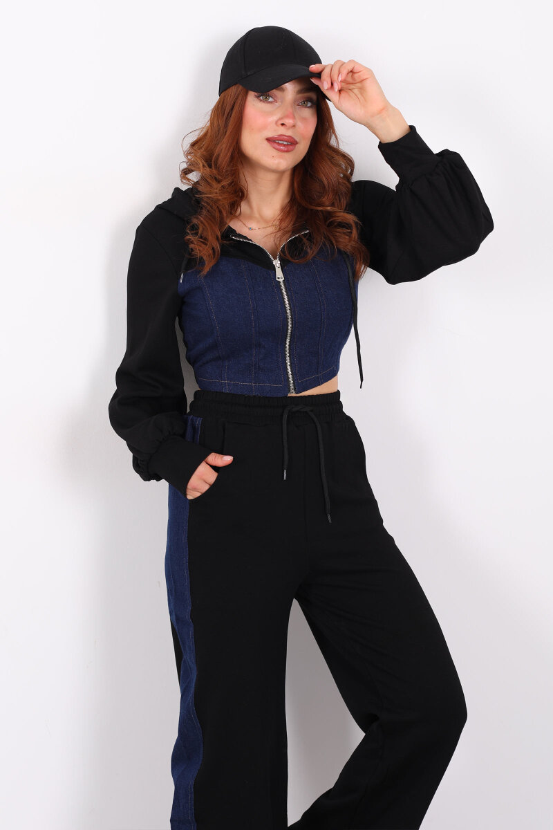 Denim Garnili Modal Siyah Kadın Eşofman Takım - 1