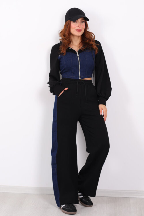 Denim Garnili Modal Siyah Kadın Eşofman Takım - 7