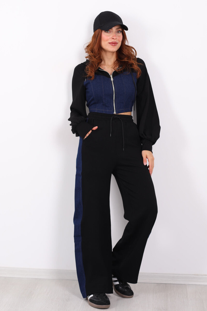 Denim Garnili Modal Siyah Kadın Eşofman Takım - 7