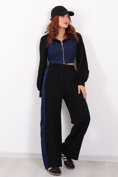 Denim Garnili Modal Siyah Kadın Eşofman Takım - 3