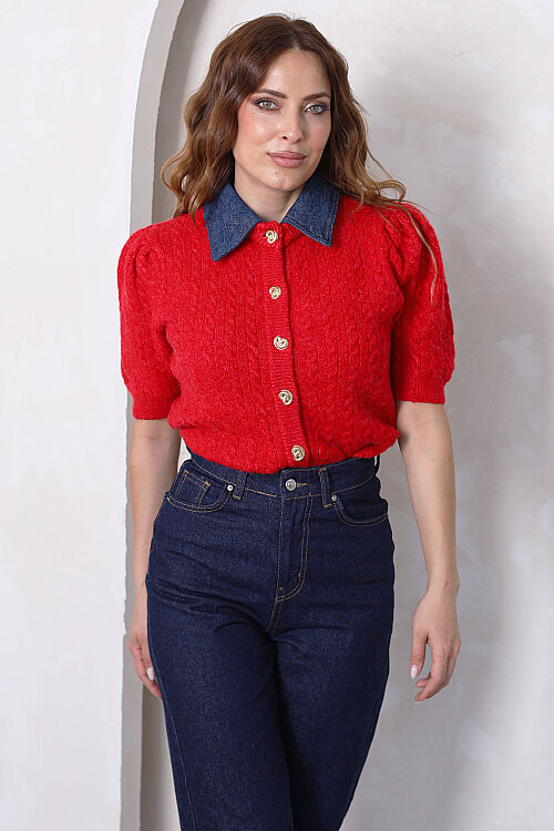 Denim Yakalı Kısa Kollu Kırmızı Kadın Triko Hırka - 4