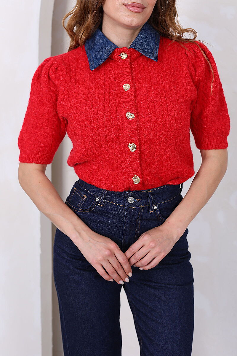 Denim Yakalı Kısa Kollu Kırmızı Kadın Triko Hırka - 2